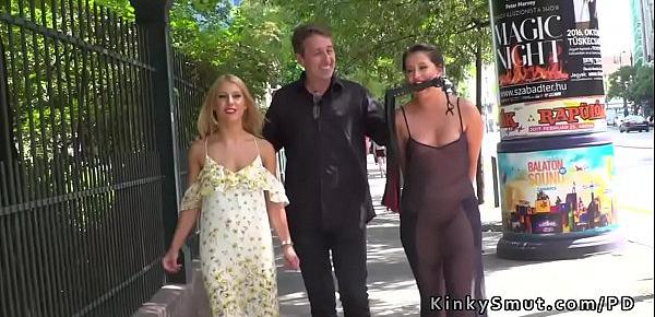  Naked babe in sheer dress disgraced in public